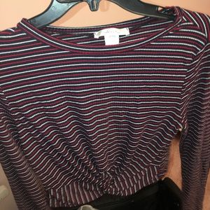 striped knotted front long sleeve tee